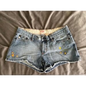 Bongo Vintage Embroidered Flower Denim Shorts Blue Jean Cottagecore Hippie Sz 7